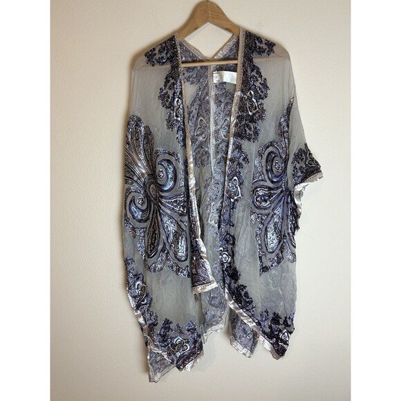 Chico’s One Size Silk Kimono Satin Burnout Shawl Paisley Free People Boho - Picture 1 of 6